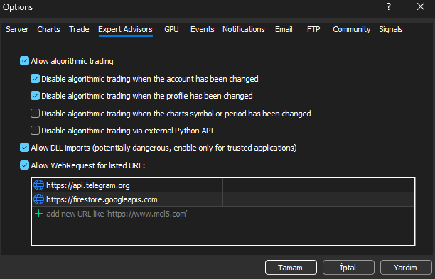 MT5 Options Expert Advisors tab